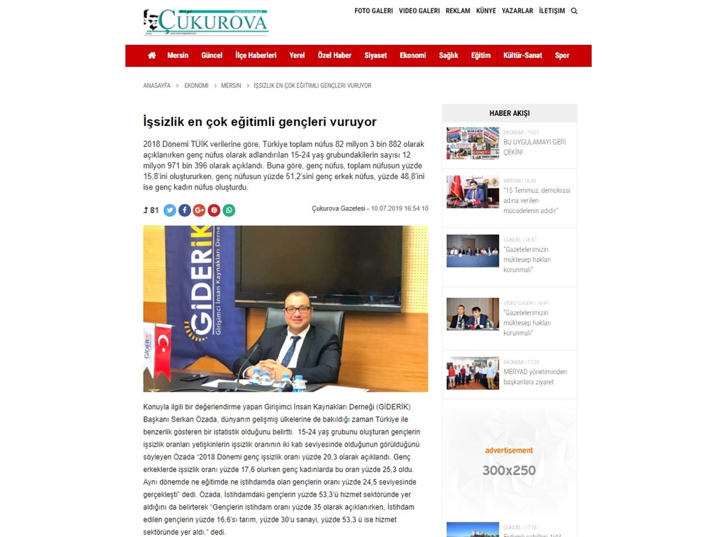 İŞSİZLİK EN ÇOK EĞİTİMLİ GENÇLERİ VURUYOR (Çukurova Gazetesi)