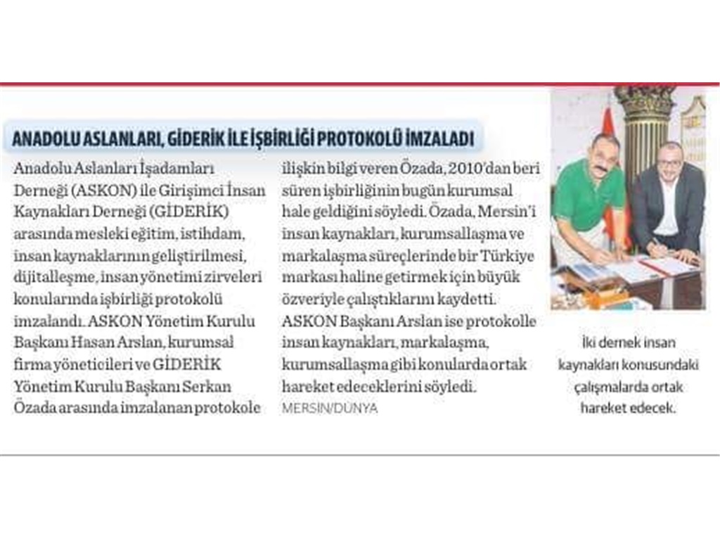 DÜNYA GAZETESİ; İŞBİRLİĞİ PROTOKOLÜ HABERİ