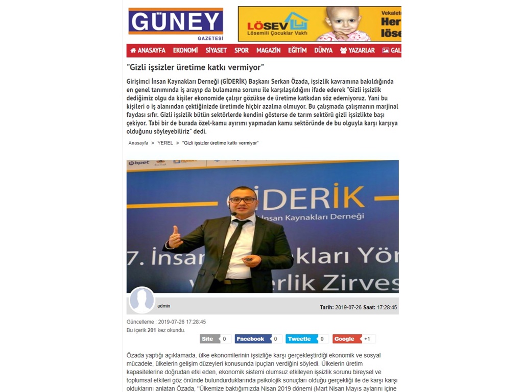 GİZLİ İŞSİZLER ÜRETİME KATKI VERMİYOR (Güney Gazetesi)